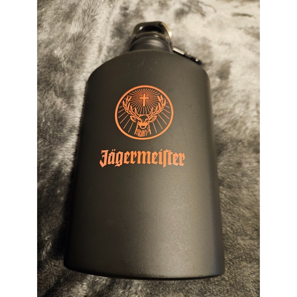 Jagermeister Aluminum Canteen Flask 10oz Black Orange Logo Screw Top - Used